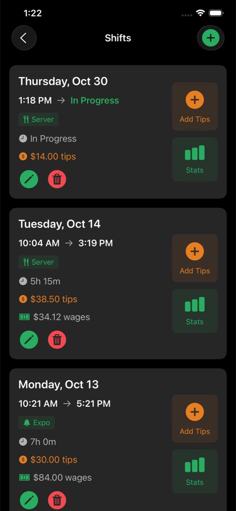 Shifts list showing tip totals, wages, and an in-progress server shift